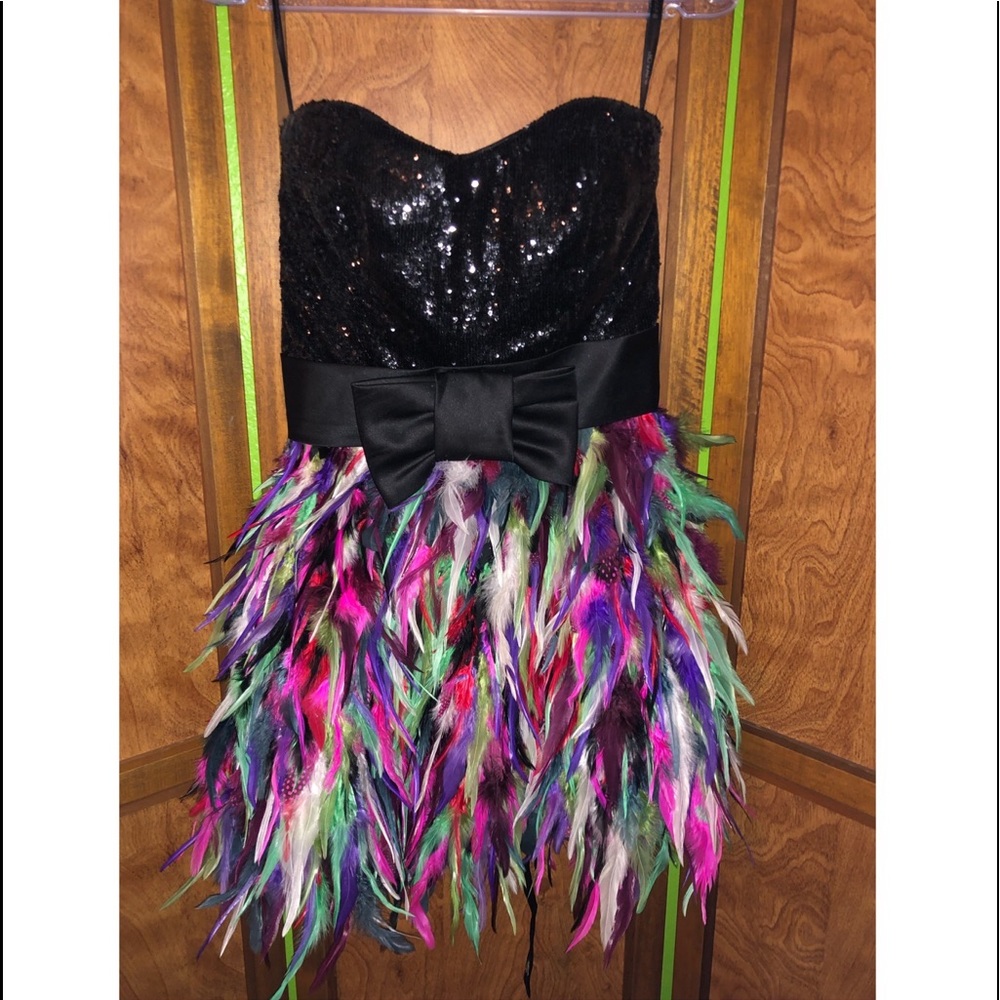 Jovani Strapless Sequin and Feather Prom Dress